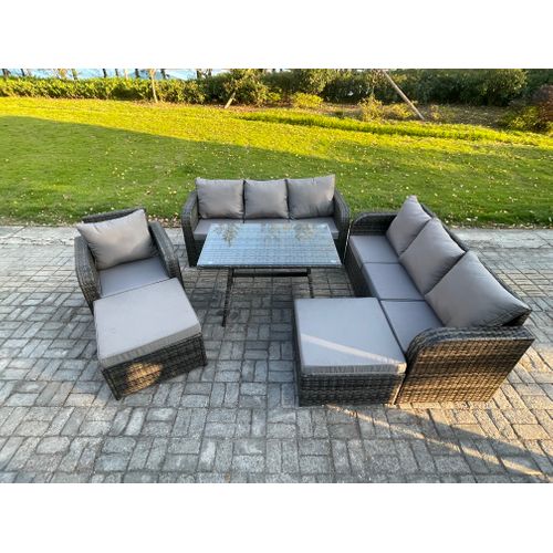 Salon De Jardin Exterieur 9 Places Table à Manger Rectangulaire 2 Grand Tabourets Gris Foncé Mixte