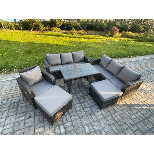 Salon De Jardin Exterieur 9 Places Table à Manger Rectangulaire 2 Grand Tabourets Gris Foncé Mixte