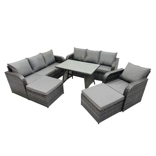 Salon De Jardin Exterieur 9 Places Table à Manger Rectangulaire 2 Grand Tabourets Gris Foncé Mixte