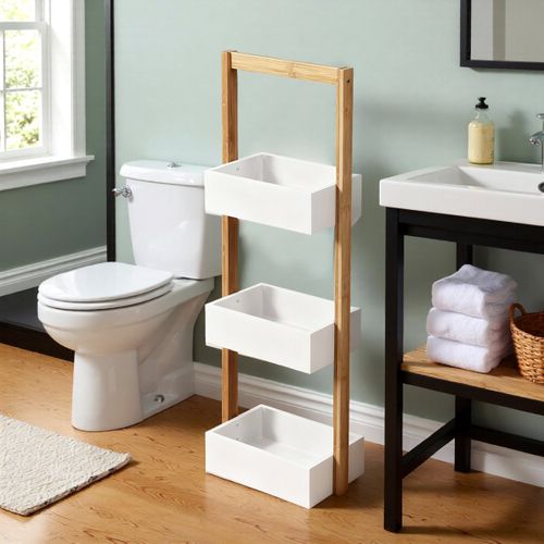 Étagère De Salle De Bain à Trois Niveaux En Bambou - Blanc, 28 X 18 X 84,5 Cm