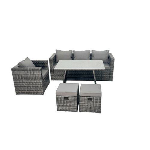 6 Places Salon De Jardin Extérieur En Résine Avec Table à Manger Fauteuil 2 Petits Tabourets