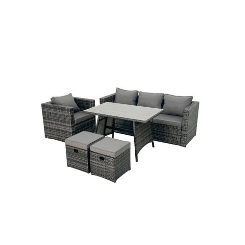 6 Places Salon De Jardin Extérieur En Résine Avec Table à Manger Fauteuil 2 Petits Tabourets