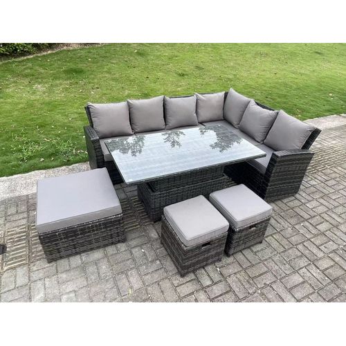 9 Places Salon De Jardin Extérieur En Résine Avec 3 Tabourets Gris Foncé Mixte Right Het