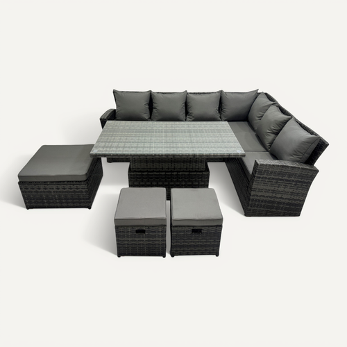 9 Places Salon De Jardin Extérieur En Résine Avec 3 Tabourets Gris Foncé Mixte Right Het