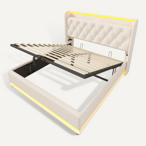 Lit Double Avec LED 360°, Tête Capitonnée, USB, 160x200 Cm