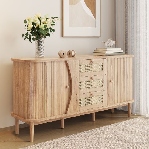 Buffet En Rotin Avec Portes Coulissantes Et Étagères Réglables