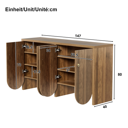 Buffet Noyer 147 Cm, 4 Portes Et Étagères Réglables