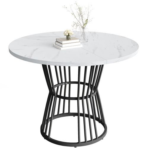Table De Cuisine Ronde Blanche Avec Pied Métal Et Motif Marbre