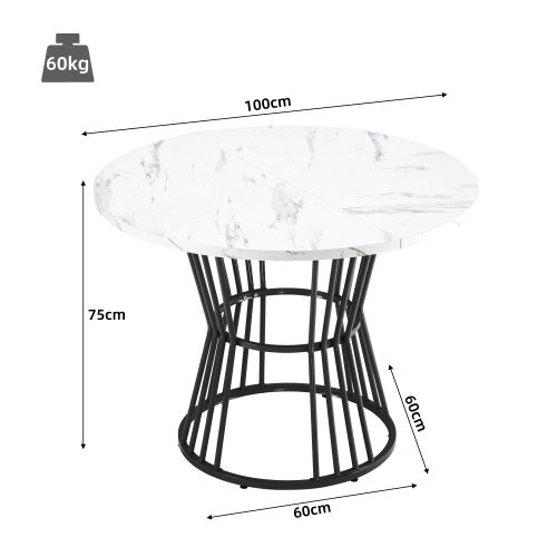 Table De Cuisine Ronde Blanche Avec Pied Métal Et Motif Marbre