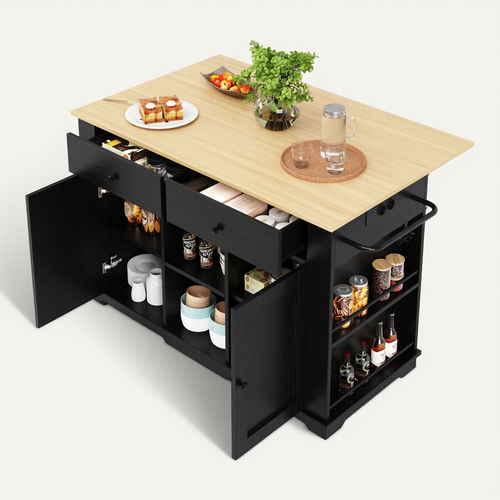 Chariot De Salle à Manger/buffet Avec Veinure De Bois, Multiprise, Roues, Plan De Travail, Noir