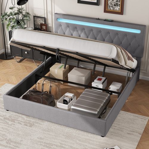 Lit Coffre Lit Double 180x200 Cm Avec Grand Dossier Led Et Connecteur Usb Lit Adulte Gris