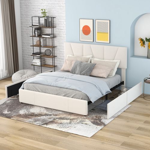 Lit Rembourré Lit Adulte 140x200 Cm Avec 4 Tiroirs, Tête De Lit Réglable, Beige