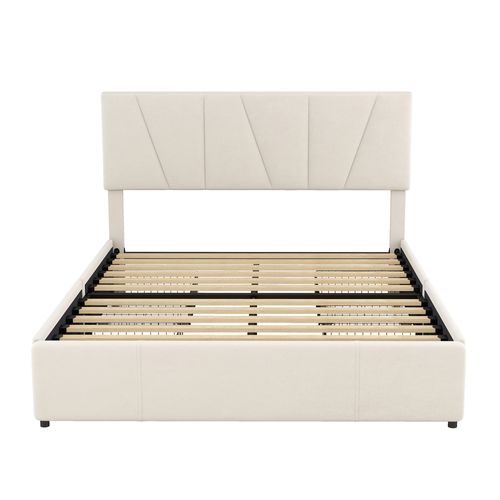 Lit Rembourré Lit Adulte 140x200 Cm Avec 4 Tiroirs, Tête De Lit Réglable, Beige