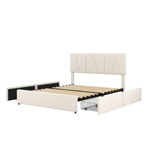 Lit Rembourré Lit Adulte 140x200 Cm Avec 4 Tiroirs, Tête De Lit Réglable, Beige