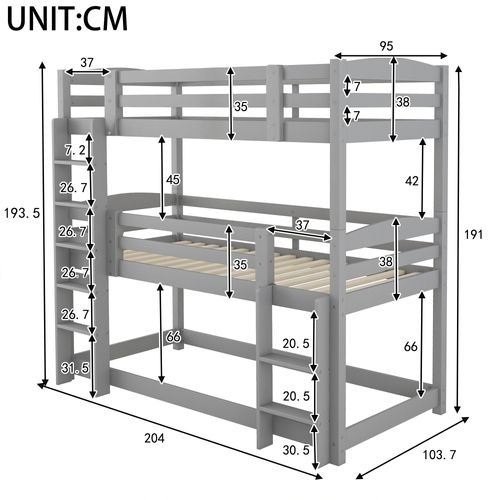 Lit Superposé Triple 90 X 200 Cm  Pour Adultes Et Enfants. Protection Antichute, Pin + Mdf, Gris
