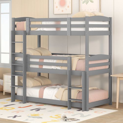 Lit Superposé Triple 90 X 200 Cm  Pour Adultes Et Enfants. Protection Antichute, Pin + Mdf, Gris