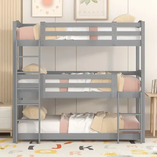 Lit Superposé Triple 90 X 200 Cm  Pour Adultes Et Enfants. Protection Antichute, Pin + Mdf, Gris