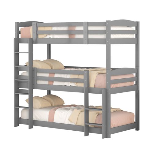 Lit Superposé Triple 90 X 200 Cm  Pour Adultes Et Enfants. Protection Antichute, Pin + Mdf, Gris