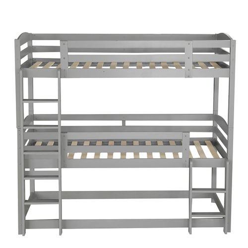 Lit Superposé Triple 90 X 200 Cm  Pour Adultes Et Enfants. Protection Antichute, Pin + Mdf, Gris