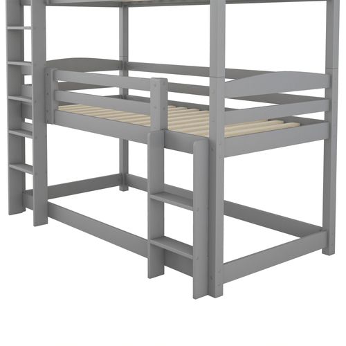 Lit Superposé Triple 90 X 200 Cm  Pour Adultes Et Enfants. Protection Antichute, Pin + Mdf, Gris