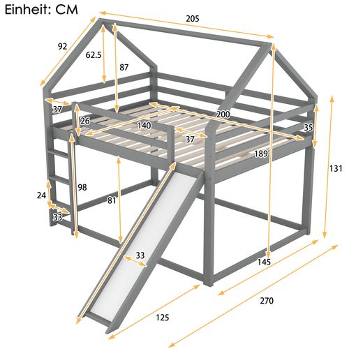 Lit Superposé Lit Enfant 140x200cm Avec Toboggan Et Échelle, Barrière Anti-chute, Gris