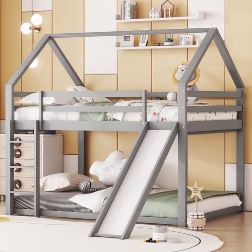 Lit Superposé Lit Enfant 140x200cm Avec Toboggan Et Échelle, Barrière Anti-chute, Gris