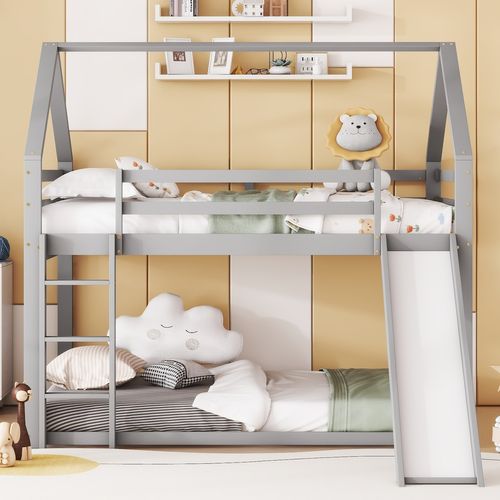 Lit Superposé Lit Enfant 140x200cm Avec Toboggan Et Échelle, Barrière Anti-chute, Gris
