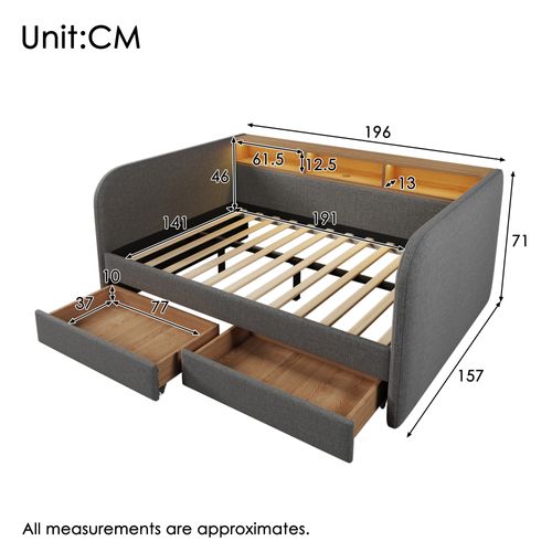 Lit Adulte 140x190 Cm Avec 2 Tiroirs - LED Et Port USB - Gris