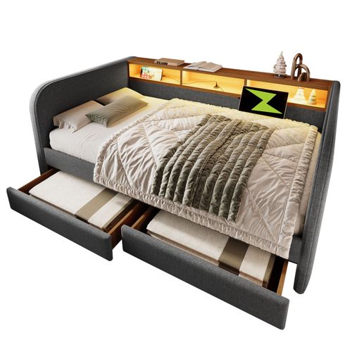 Lit Adulte 140x190 Cm Avec 2 Tiroirs - LED Et Port USB - Gris