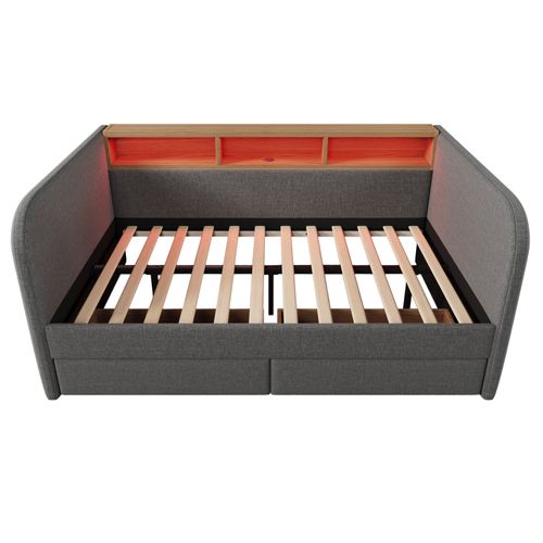 Lit Adulte 140x190 Cm Avec 2 Tiroirs - LED Et Port USB - Gris