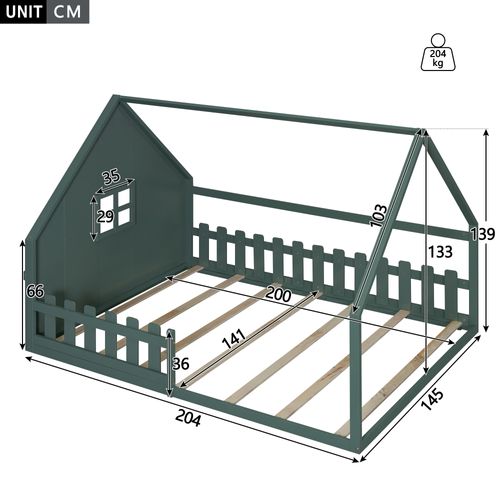 Lit Cabane 140x200cm, Lit Double, Lit Enfant Avec Fenêtre, Barrière Et Sommier, Pin+mdf, Vert