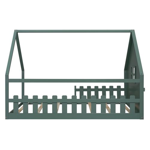 Lit Cabane 140x200cm, Lit Double, Lit Enfant Avec Fenêtre, Barrière Et Sommier, Pin+mdf, Vert