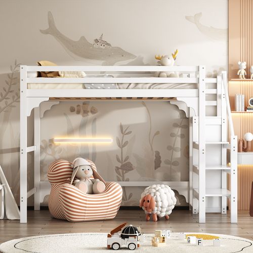 Lit Mezzanine Lit Ados 140 X 200 Cm Avec Marches, Armoire Ouverte, Blanc