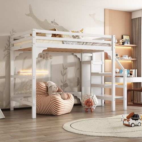 Lit Mezzanine Lit Ados 140 X 200 Cm Avec Marches, Armoire Ouverte, Blanc