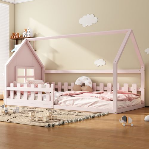 Lit Cabane 90x200 Cm, Lit Enfant Avec Barrières De Sécurité, En Bois, Coloris Rose
