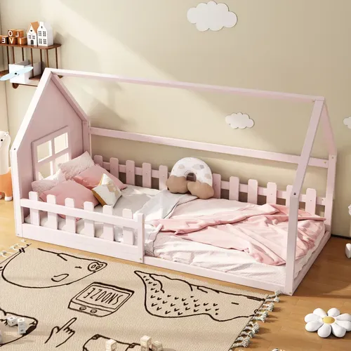 Lit Cabane 90x200 Cm, Lit Enfant Avec Barrières De Sécurité, En Bois, Coloris Rose