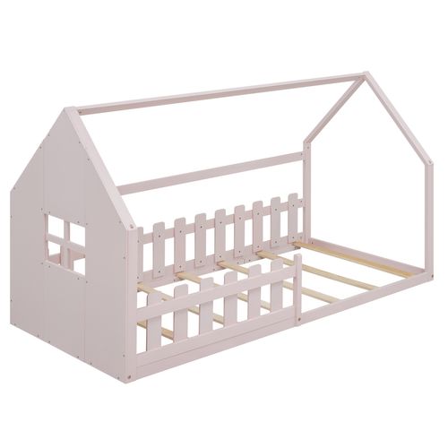 Lit Cabane 90x200 Cm, Lit Enfant Avec Barrières De Sécurité, En Bois, Coloris Rose