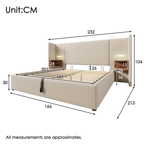 Lit Coffre Adulte 160×200cm Avec Table De Chevet, Liseuse Et USB Type-c, Lin, Beige