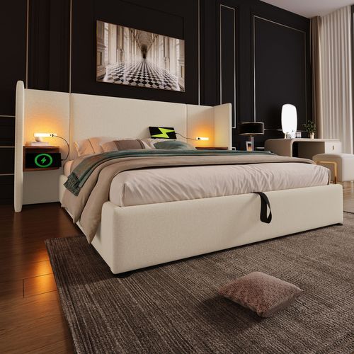 Lit Coffre Adulte 160×200cm Avec Table De Chevet, Liseuse Et USB Type-c, Lin, Beige
