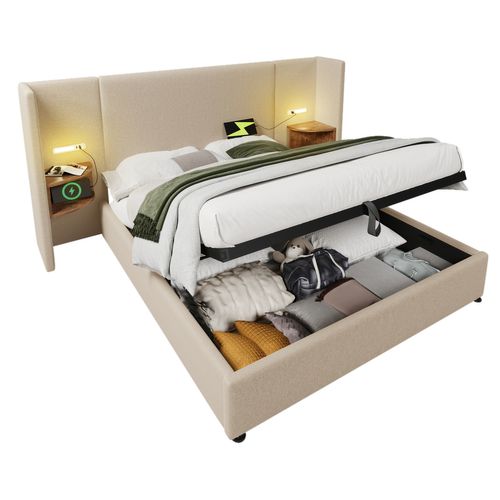 Lit Coffre Adulte 160×200cm Avec Table De Chevet, Liseuse Et USB Type-c, Lin, Beige