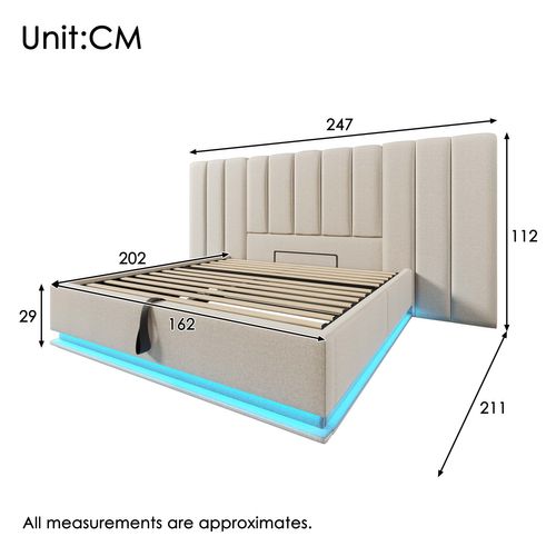 Lit Coffre Adulte 160×200 Cm, Lit 2 Place Avec Éclairage LED Et Chargement USB-c, Lin, Beige