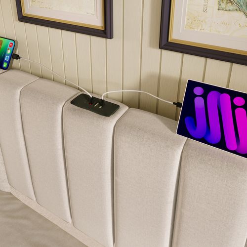 Lit Coffre Adulte 160×200 Cm, Lit 2 Place Avec Éclairage LED Et Chargement USB-c, Lin, Beige