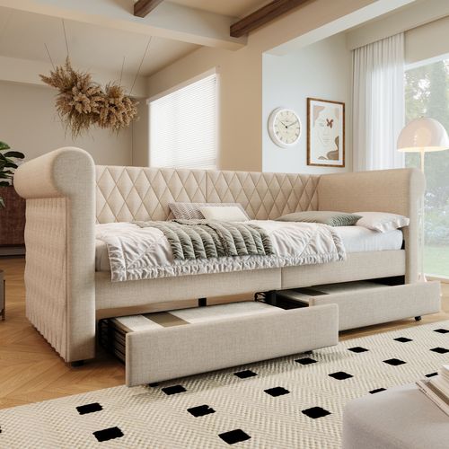 Lit Enfant Lit Jeune 90x200 Cm Avec 2 Tiroirs De Rangement Et Sommier à Lattes En Bois, Lin, Beige