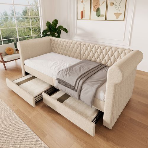 Lit Enfant Lit Jeune 90x200 Cm Avec 2 Tiroirs De Rangement Et Sommier à Lattes En Bois, Lin, Beige