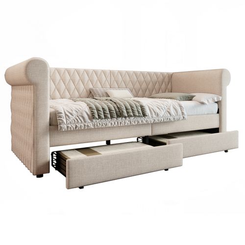 Lit Enfant Lit Jeune 90x200 Cm Avec 2 Tiroirs De Rangement Et Sommier à Lattes En Bois, Lin, Beige