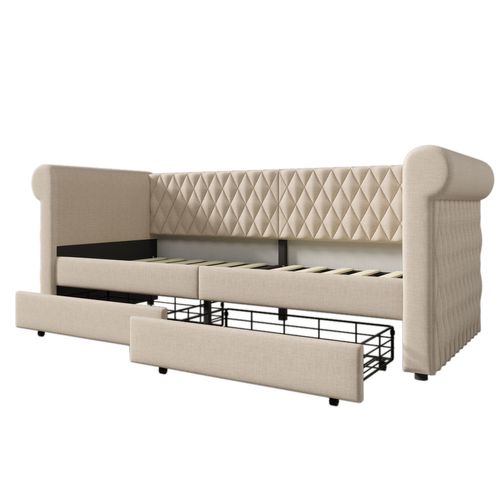 Lit Enfant Lit Jeune 90x200 Cm Avec 2 Tiroirs De Rangement Et Sommier à Lattes En Bois, Lin, Beige