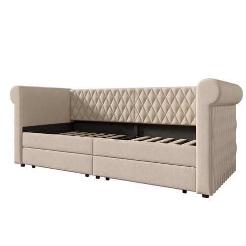 Lit Enfant Lit Jeune 90x200 Cm Avec 2 Tiroirs De Rangement Et Sommier à Lattes En Bois, Lin, Beige