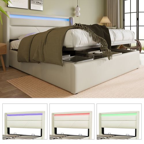 Lit Coffre Adulte Double Hydraulique 160x200 Cm Avec LED, En Pu, Blanc