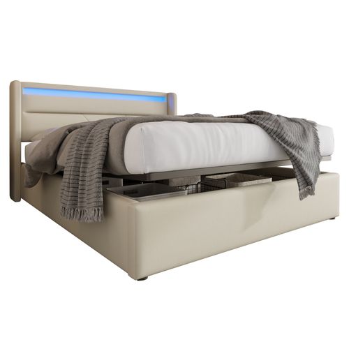 Lit Coffre Adulte Double Hydraulique 160x200 Cm Avec LED, En Pu, Blanc