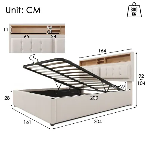 Lit Coffre Lit 160x200 Lit 2 Place, Tête De Lit Avec Chargement USB C Et Rangement, Lin, Beige